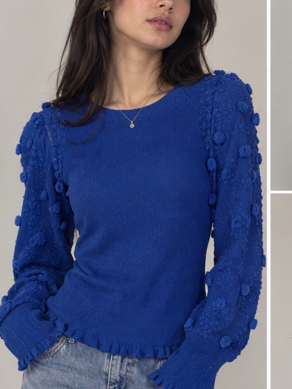 Almost Famous Cobalt Blue Pom-Pom Sleeve Knit Sweater/15x24in/ XL size/